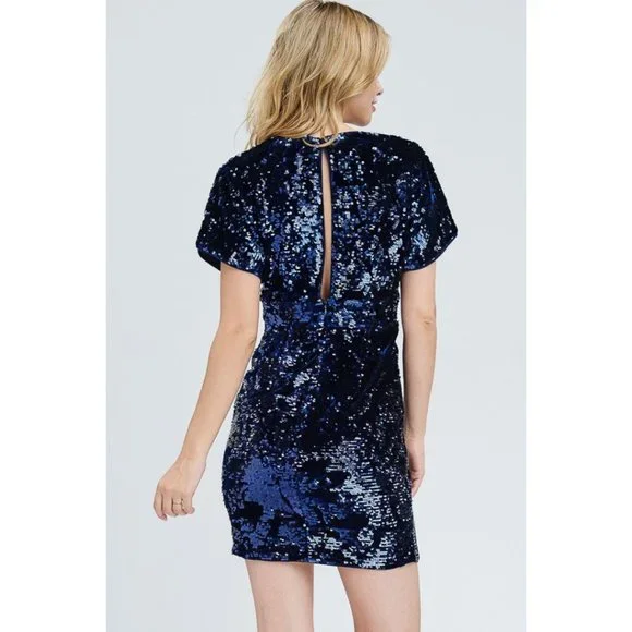 Navy Deep V-Neck Sequins Mini Dress - Picture 7 of 7